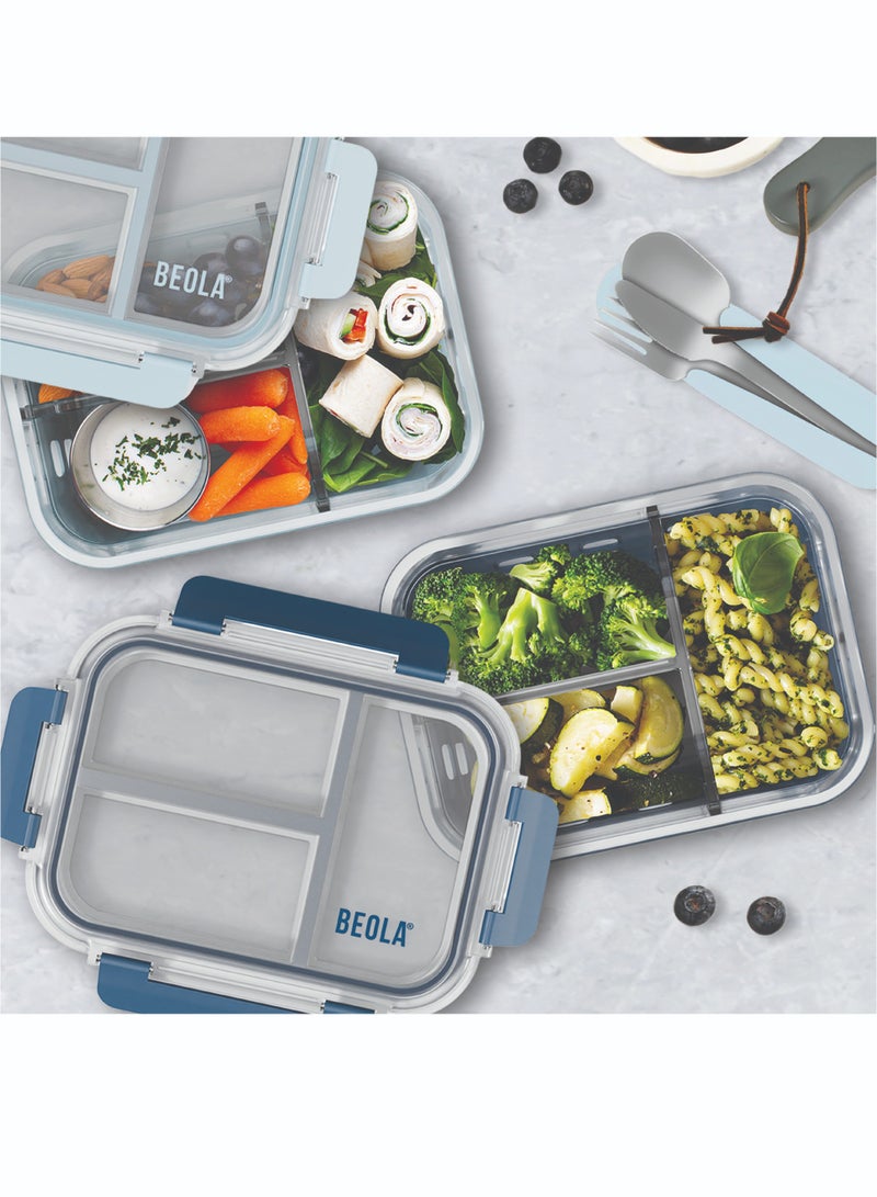 3 Compartment Glass Food Storage Container with Airtight Lid and Silicone Protection, Individually Sealed 3 Section Meal Prep Container, Freezer, Dishwasher, Microwave Safe, 1050ml(Marine Blue)