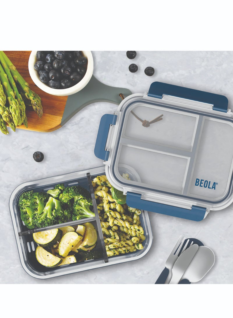 3 Compartment Glass Food Storage Container with Airtight Lid and Silicone Protection, Individually Sealed 3 Section Meal Prep Container, Freezer, Dishwasher, Microwave Safe, 1050ml(Marine Blue)