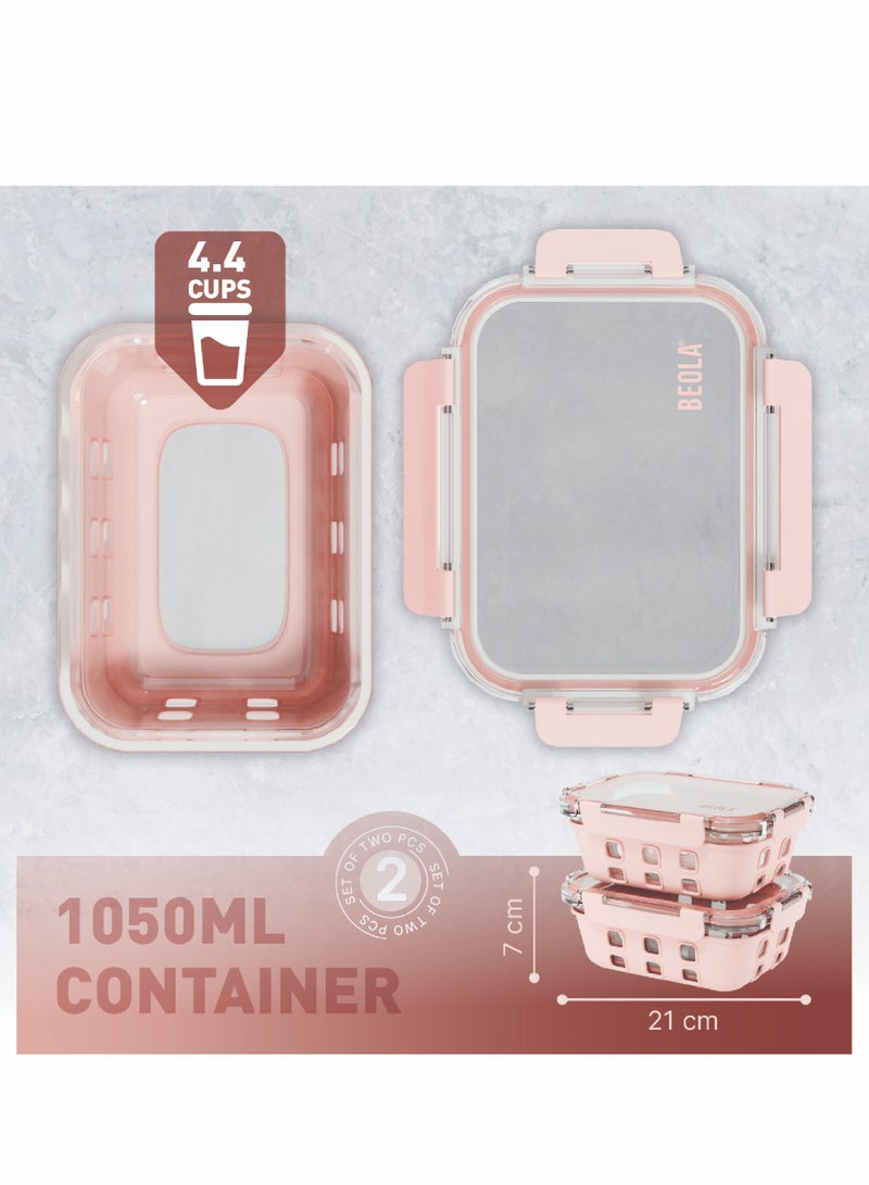 Set of 2 Glass Food Storage Containers with Airtight Lids and Silicone Protection, Leakproof Food Organizer, Freezer, Dishwasher, Microwave Safe, Kitchen Organizer for Food (1050ml, Blush Pink)