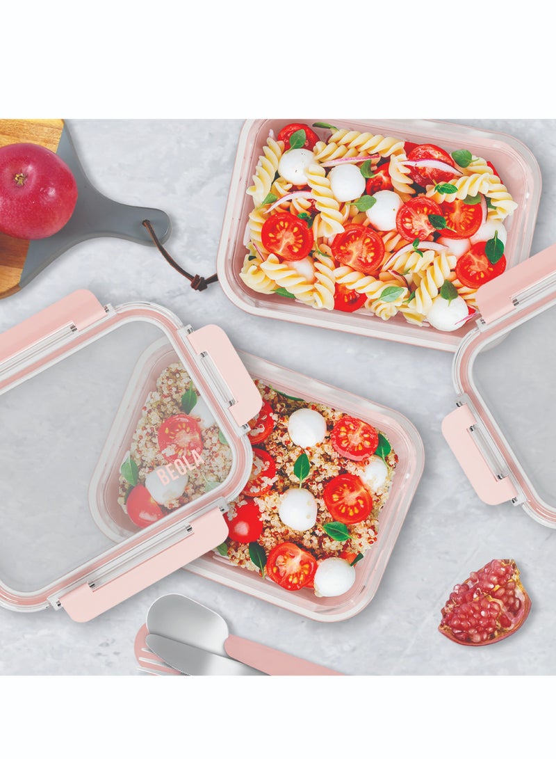 Set of 2 Glass Food Storage Containers with Airtight Lids and Silicone Protection, Leakproof Food Organizer, Freezer, Dishwasher, Microwave Safe, Kitchen Organizer for Food (1050ml, Blush Pink)