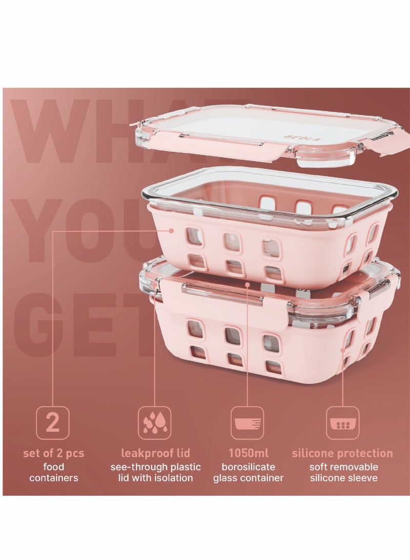 Set of 2 Glass Food Storage Containers with Airtight Lids and Silicone Protection, Leakproof Food Organizer, Freezer, Dishwasher, Microwave Safe, Kitchen Organizer for Food (1050ml, Blush Pink)
