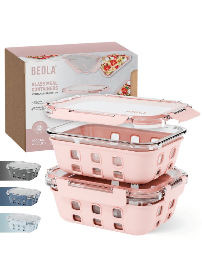 Set of 2 Glass Food Storage Containers with Airtight Lids and Silicone Protection, Leakproof Food Organizer, Freezer, Dishwasher, Microwave Safe, Kitchen Organizer for Food (1050ml, Blush Pink)