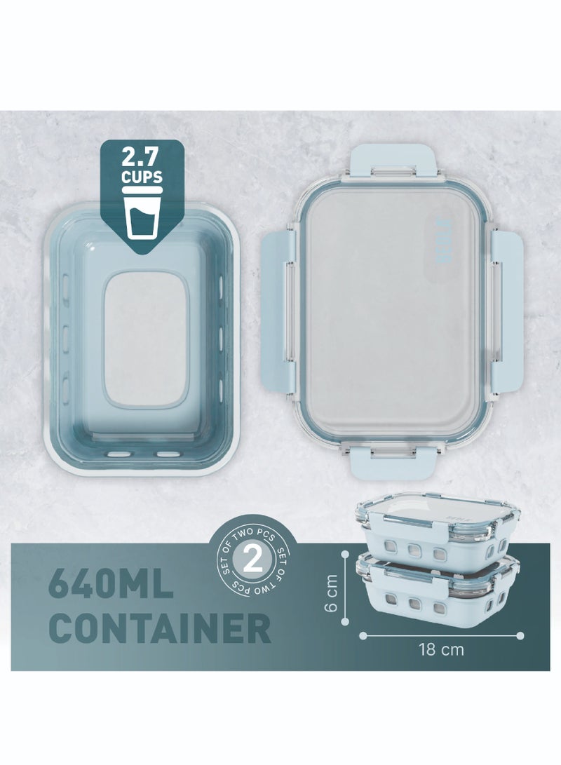 Set of 2 Glass Food Storage Containers with Airtight Lids and Silicone Protection, Leakproof Food Organizer, Freezer, Dishwasher, Microwave Safe, Kitchen Organizer for Food (640ml, Ice Blue)