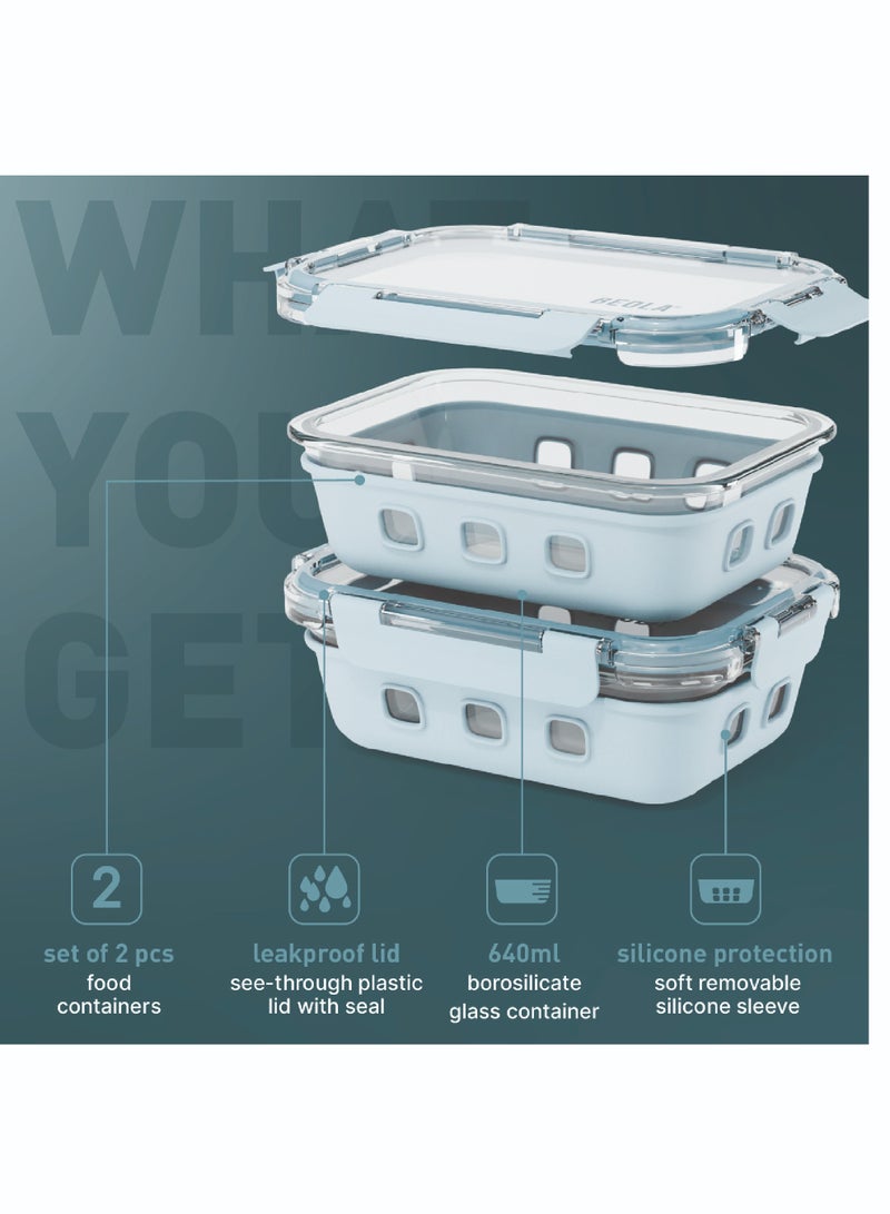 Set of 2 Glass Food Storage Containers with Airtight Lids and Silicone Protection, Leakproof Food Organizer, Freezer, Dishwasher, Microwave Safe, Kitchen Organizer for Food (640ml, Ice Blue)