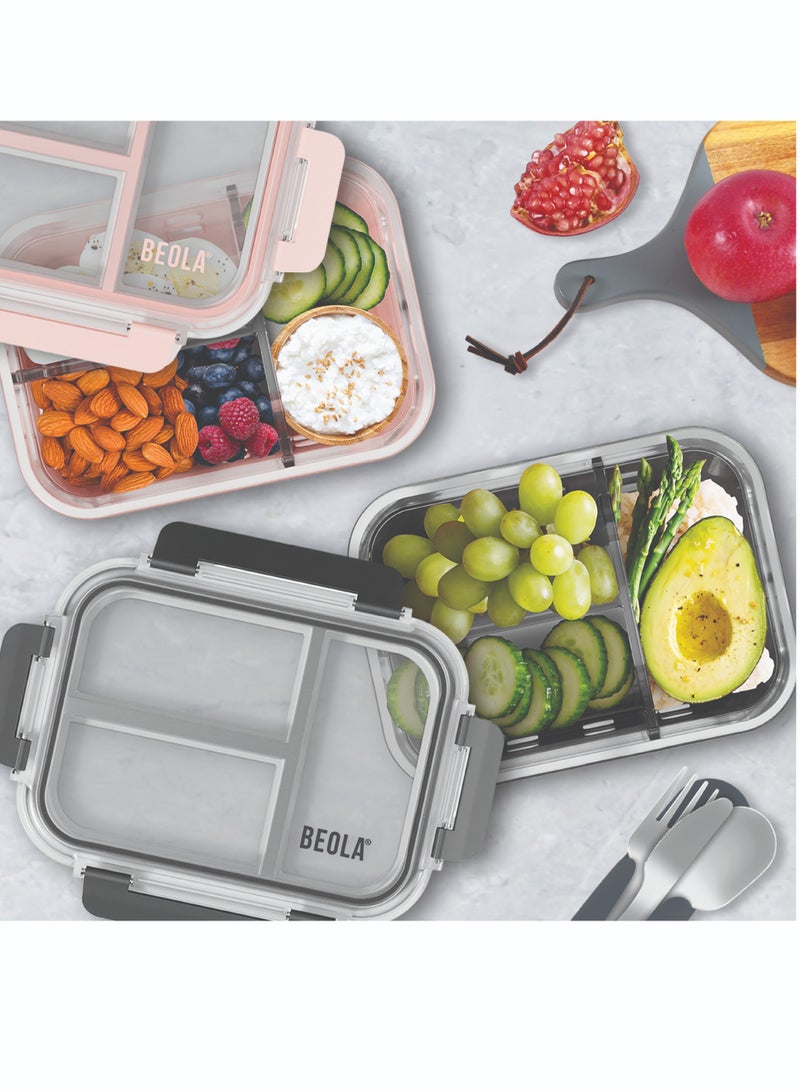 3 Compartment Glass Food Storage Container with Airtight Lid and Silicone Protection, Individually Sealed 3 Section Meal Prep Container, Freezer, Dishwasher, Microwave Safe, 1050ml(Blush Pink)