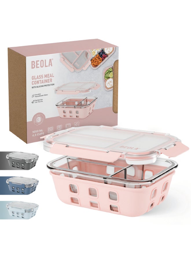 3 Compartment Glass Food Storage Container with Airtight Lid and Silicone Protection, Individually Sealed 3 Section Meal Prep Container, Freezer, Dishwasher, Microwave Safe, 1050ml(Blush Pink)