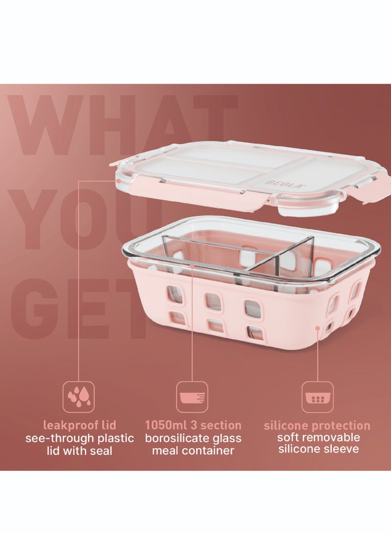 3 Compartment Glass Food Storage Container with Airtight Lid and Silicone Protection, Individually Sealed 3 Section Meal Prep Container, Freezer, Dishwasher, Microwave Safe, 1050ml(Blush Pink)