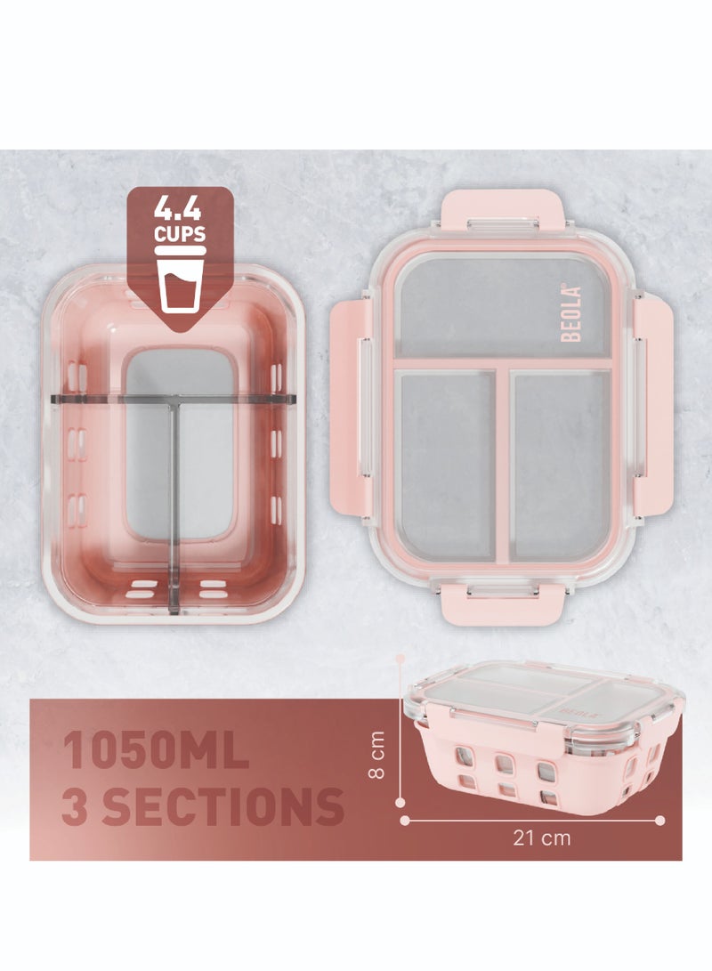 3 Compartment Glass Food Storage Container with Airtight Lid and Silicone Protection, Individually Sealed 3 Section Meal Prep Container, Freezer, Dishwasher, Microwave Safe, 1050ml(Blush Pink)