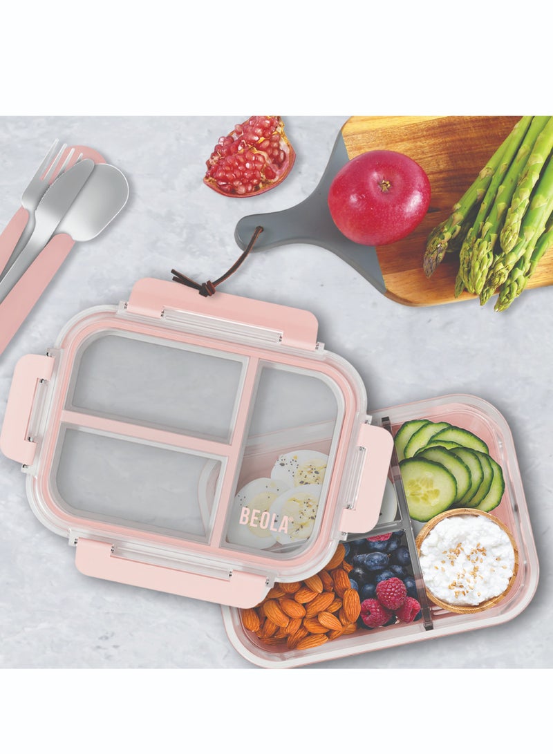 3 Compartment Glass Food Storage Container with Airtight Lid and Silicone Protection, Individually Sealed 3 Section Meal Prep Container, Freezer, Dishwasher, Microwave Safe, 1050ml(Blush Pink)