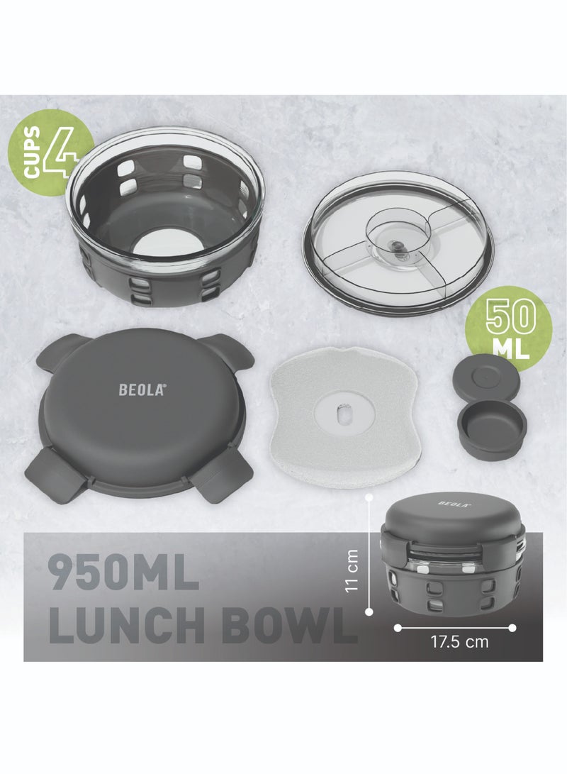 Lunch Box, Food Container with Ice Pack, Sauce Cup, 3 Compartment Tray, Borosilicate BPA Free Glass Salad Bowl with Silicone Protection, Freezer, Dishwasher, Microwave Safe, 950ml(Lava Gray)