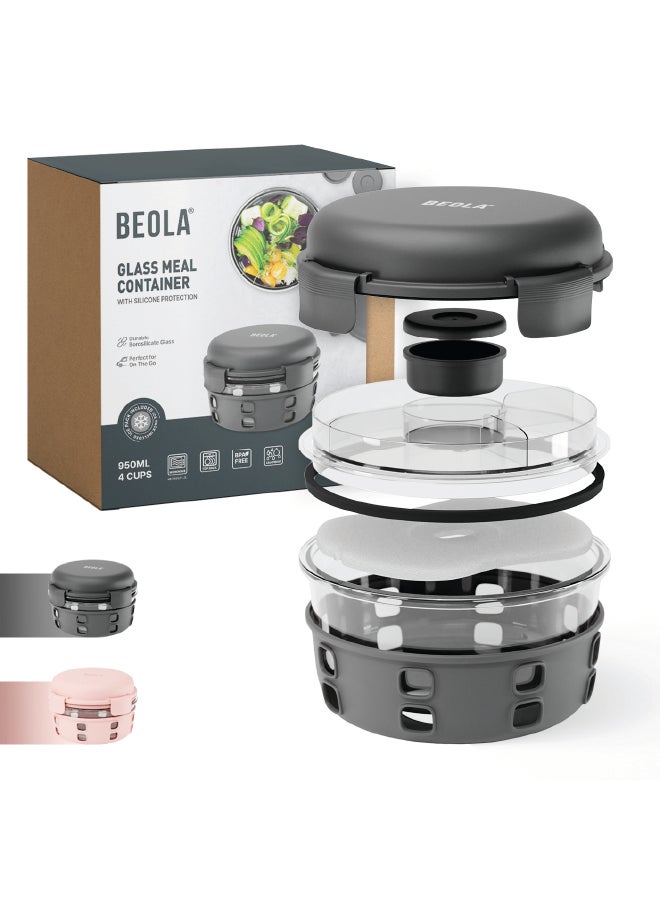 Lunch Box, Food Container with Ice Pack, Sauce Cup, 3 Compartment Tray, Borosilicate BPA Free Glass Salad Bowl with Silicone Protection, Freezer, Dishwasher, Microwave Safe, 950ml(Lava Gray)