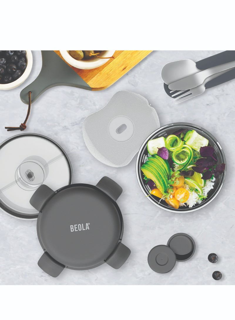 Lunch Box, Food Container with Ice Pack, Sauce Cup, 3 Compartment Tray, Borosilicate BPA Free Glass Salad Bowl with Silicone Protection, Freezer, Dishwasher, Microwave Safe, 950ml(Lava Gray)