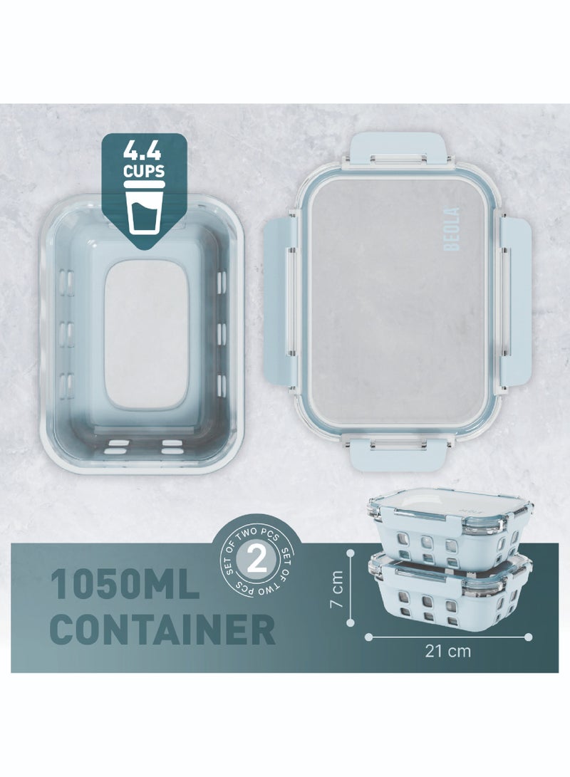 Set of 2 Glass Food Storage Containers with Airtight Lids and Silicone Protection, Leakproof Food Organizer, Freezer, Dishwasher, Microwave Safe, Kitchen Organizer for Food (1050ml, Ice Blue)