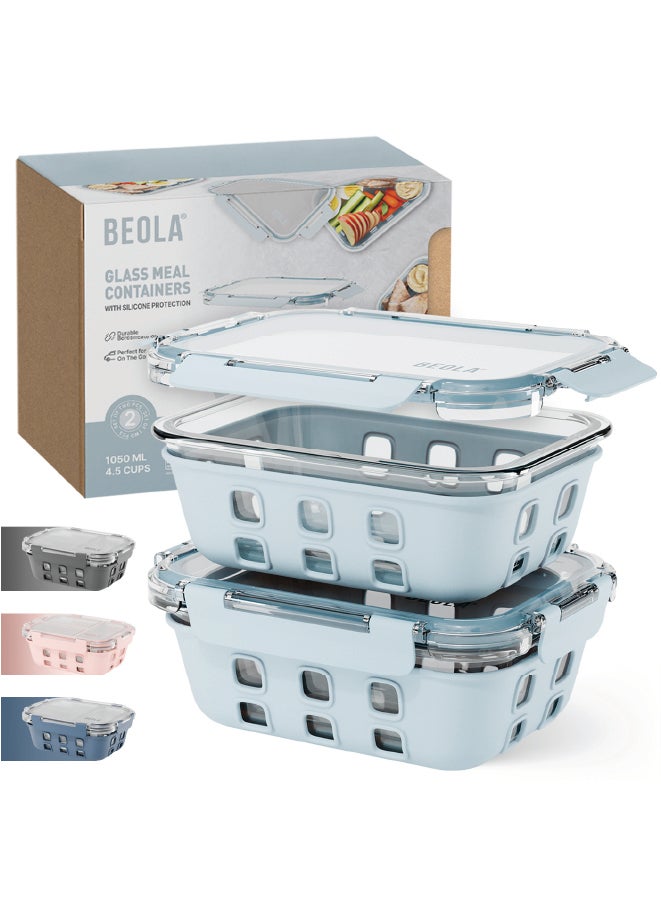 Set of 2 Glass Food Storage Containers with Airtight Lids and Silicone Protection, Leakproof Food Organizer, Freezer, Dishwasher, Microwave Safe, Kitchen Organizer for Food (1050ml, Ice Blue)