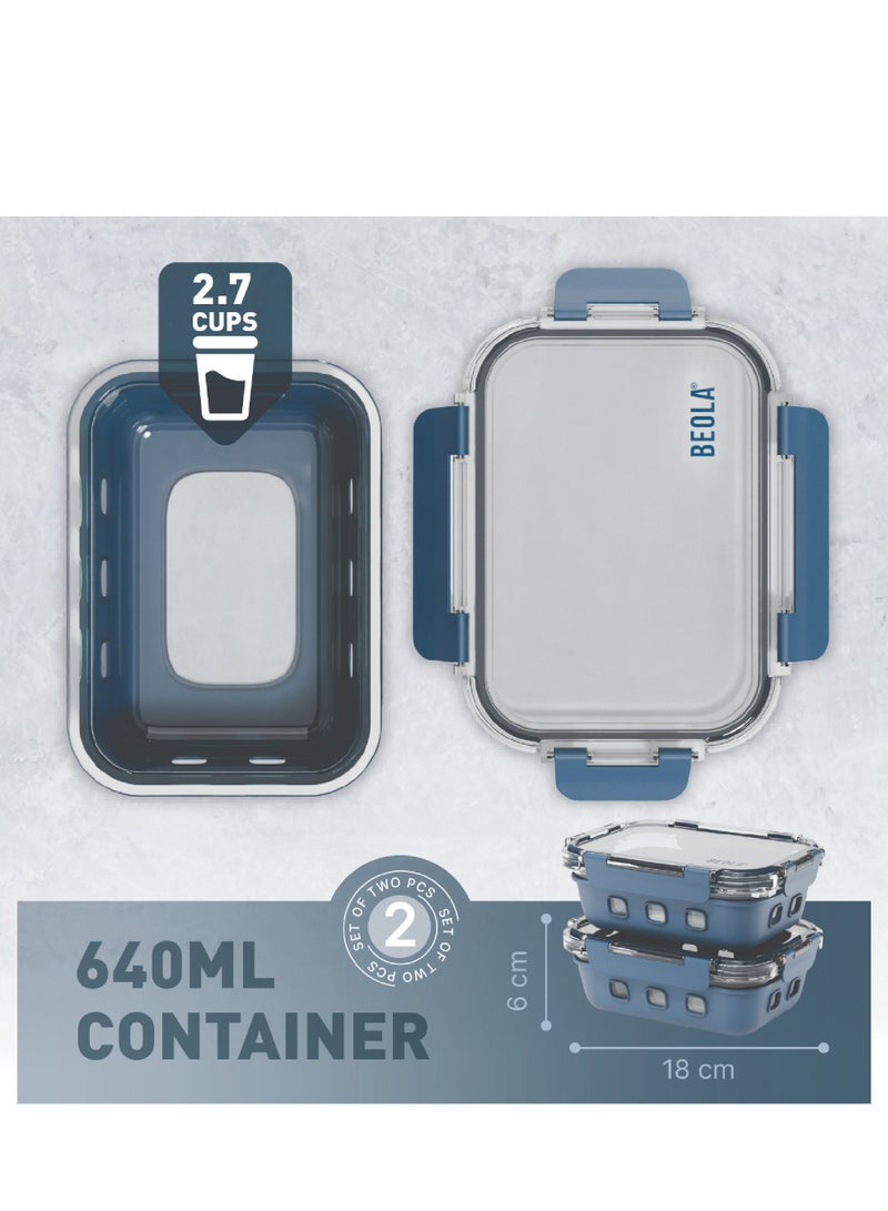 Set of 2 Glass Food Storage Containers with Airtight Lids and Silicone Protection, Leakproof Food Organizer, Freezer, Dishwasher, Microwave Safe, Kitchen Organizer for Food (640ml, Marine Blue)