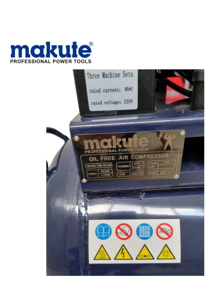 100L Oil-Free Silent Air Compressor, 4.5 HP, 8 Bar / 115 PSI, 220-240V, 2650 RPM - High Power, Low Noise, MK-328100