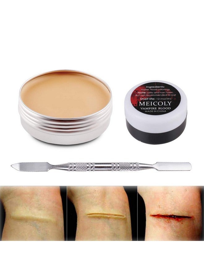 3Pcs Sfx Special Effects Makeup Kit,Scar Wax Fake Scar Modeling Wax For Fake Scar And Wound With Spatula (1.67Oz),Fake Blood Scab Coagulated Blood Gel(1.06Oz),Halloween Cosplay Makeup,Light