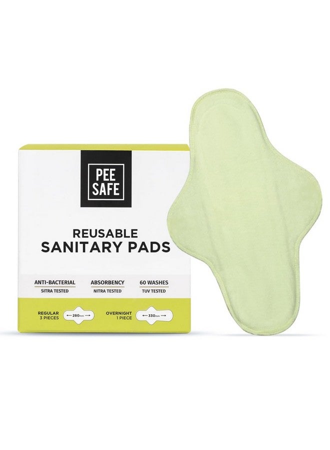 Pee Safe Reusable Sanitary Pads For Women Anti-Bacterial Superb Absorbency Lasts Up To 60 Washes 3 Regular Pads + 1 Overnight Pad Skin Friendly Comfortable & Easy To Use Pack Of 4