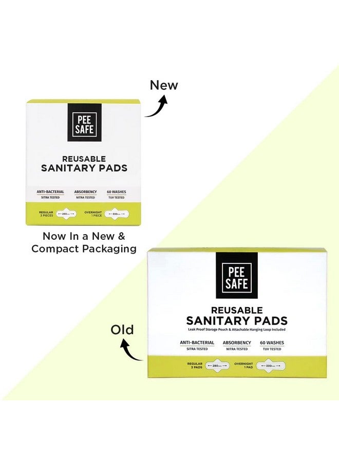 Pee Safe Reusable Sanitary Pads For Women Anti-Bacterial Superb Absorbency Lasts Up To 60 Washes 3 Regular Pads + 1 Overnight Pad Skin Friendly Comfortable & Easy To Use Pack Of 4