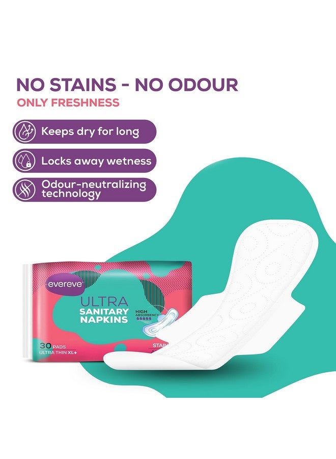 Ultra Sanitary Napkin/Pad, Xl+ 320Mm, Pack Of 30 Napkins, Maximum Coverage, Ultra Thin, Super Absorbent Core For Fast Absorption Of Liquid, Odour Neutralising Technology