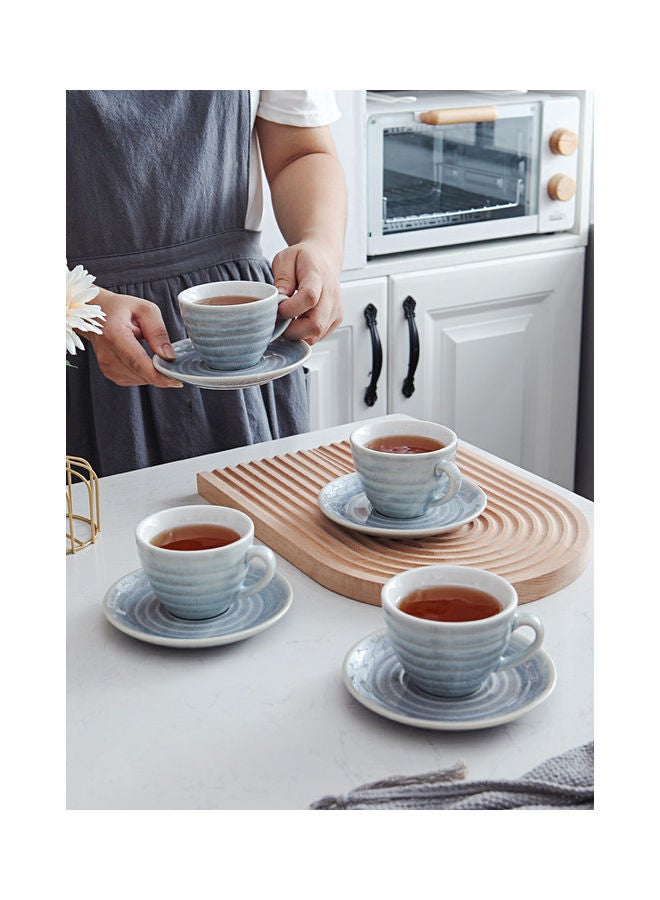8-Piece Kiln Variable Glaze Round Ceramic Coffee Cup And Saucer Light Blue 11x9x6.5cm