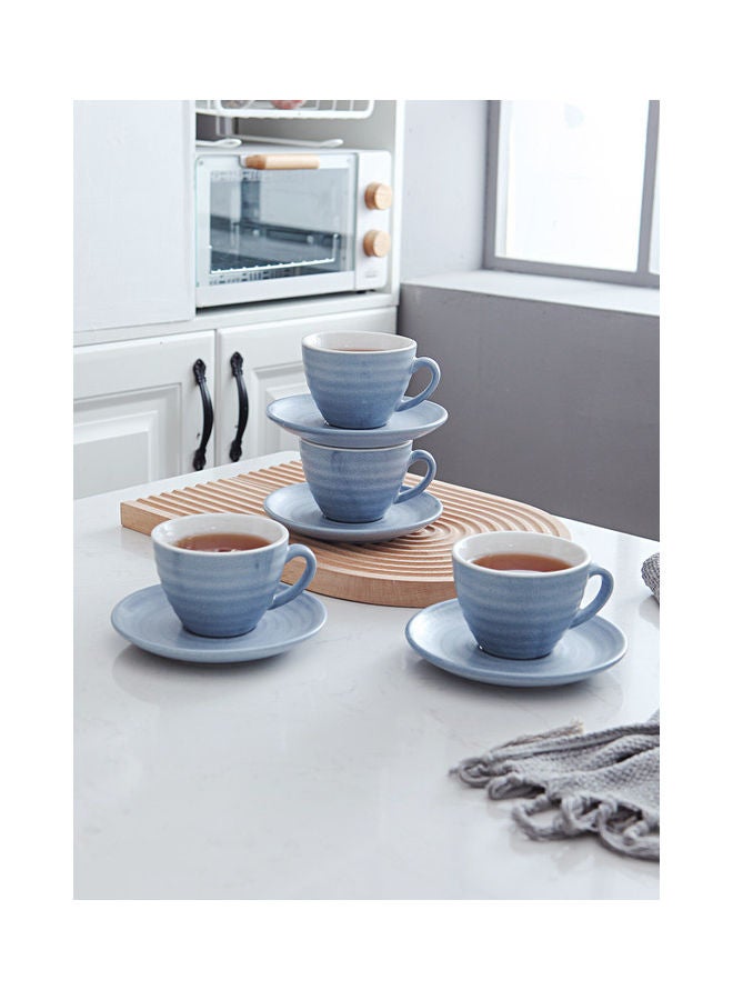 8-Piece Kiln Variable Glaze Round Ceramic Coffee Cup And Saucer Blue 11x9x6.5cm
