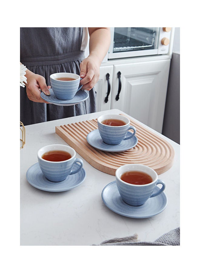 8-Piece Kiln Variable Glaze Round Ceramic Coffee Cup And Saucer Blue 11x9x6.5cm