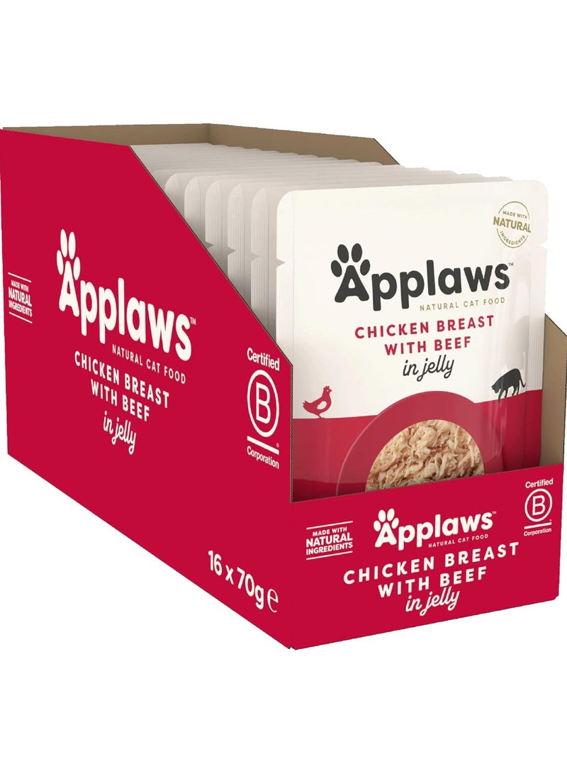 Applaws Natural Wet Adult Cat Food, Chicken with Beef in Jelly, 70g Pouch ( Pack of 16 Pouches)