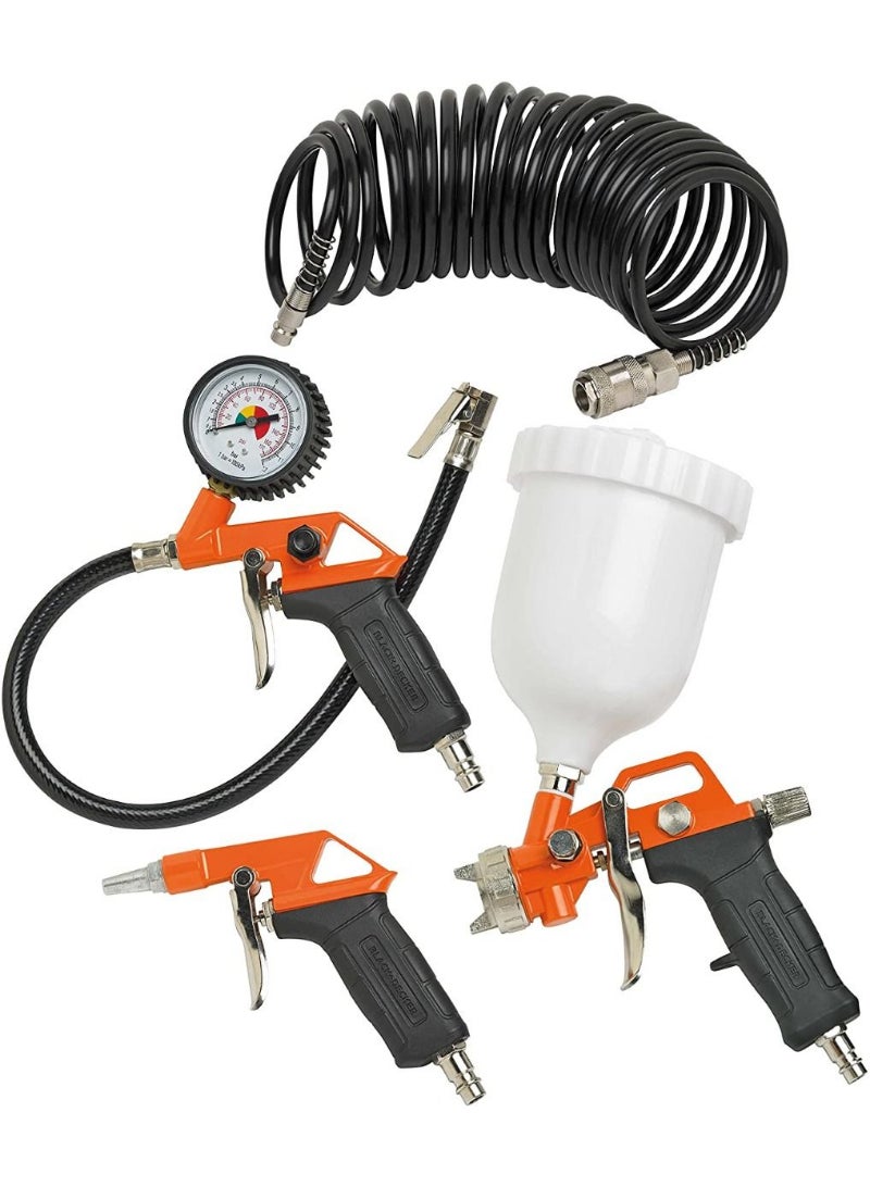 Black & Decker Air Tools Kit 4 pcs (Air Gun, Inflating Gun, Spray Gun, 5m Spiral Hose) BD-KIT-4