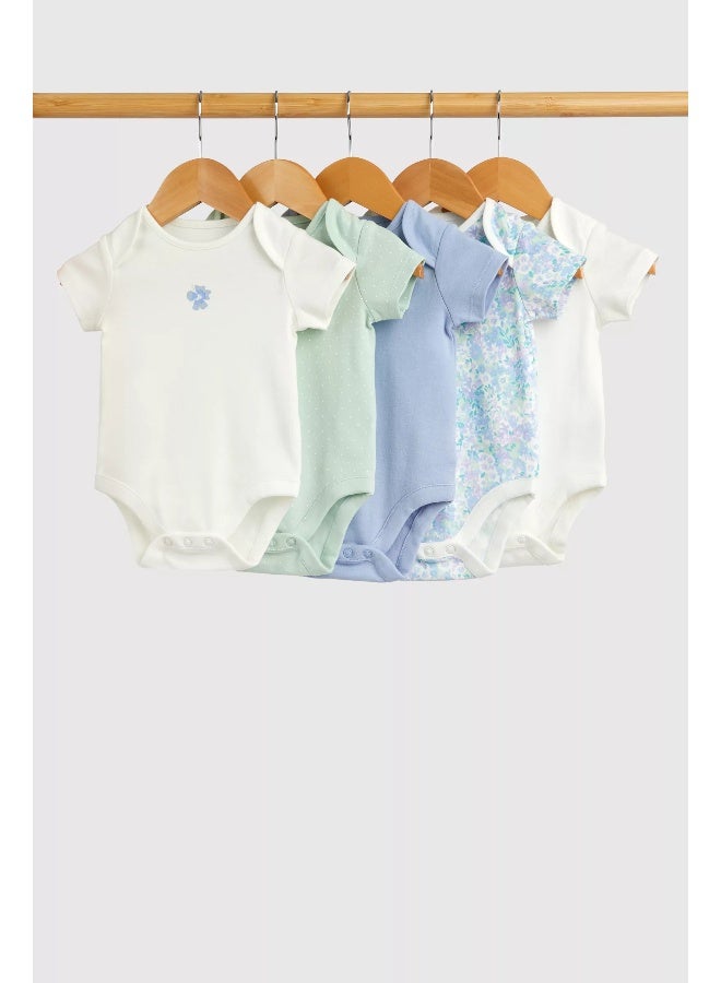 Blue Floral Short-Sleeved Bodysuits - 5 Pack