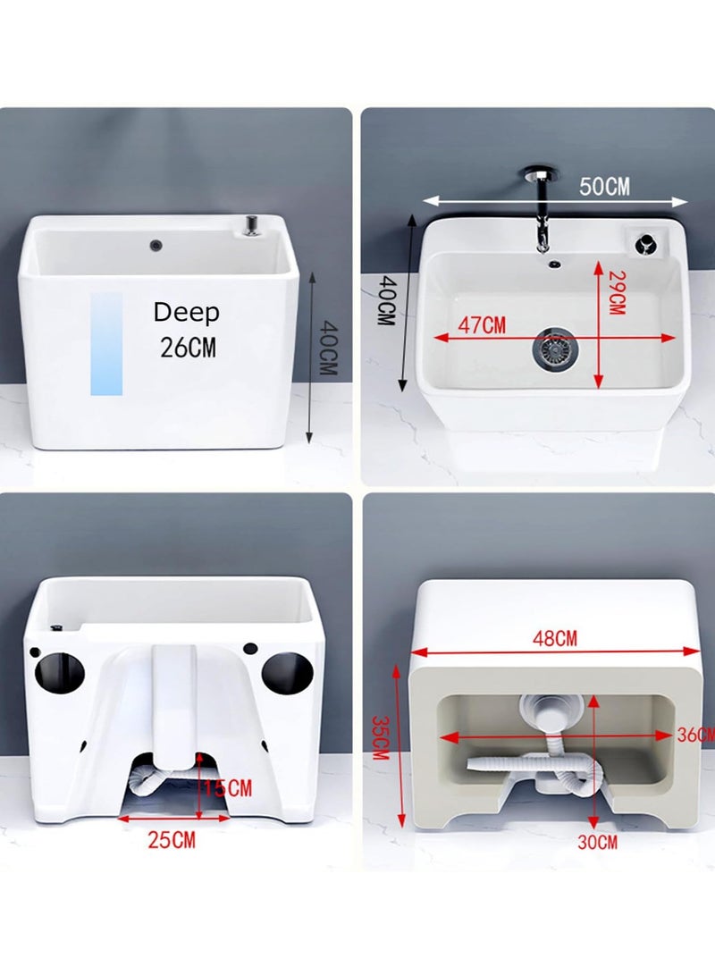 Mop Sink, Ceramic Mop Service Basin with Removable Shelf,Drain Botton and Faucet, Floor Utility Sink Tub Kit for Bathroom,Balcony,Laundry Room (R12)