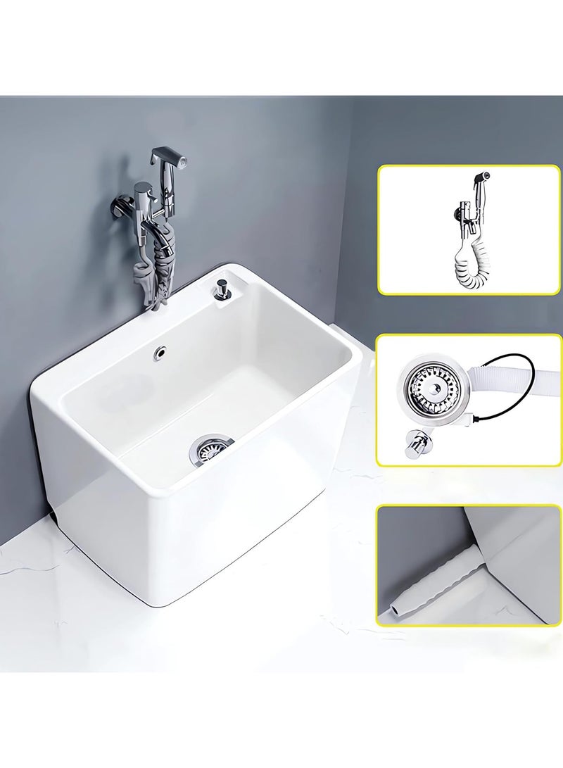 Mop Sink, Ceramic Mop Service Basin with Removable Shelf,Drain Botton and Faucet, Floor Utility Sink Tub Kit for Bathroom,Balcony,Laundry Room (R12)