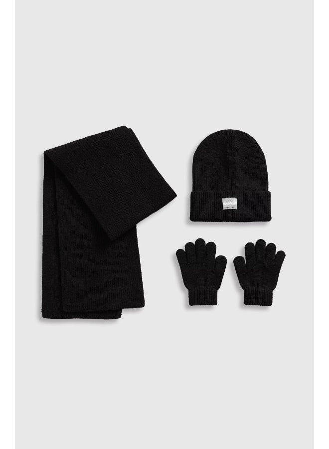 Black Knitted Hat, Scarf and Gloves Set