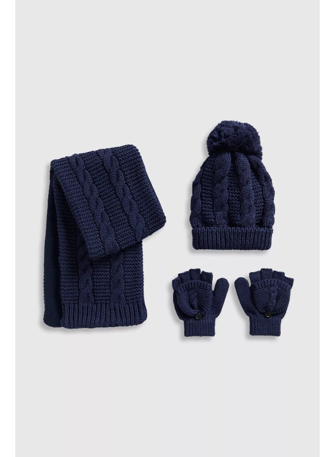 Navy Knitted Hat, Scarf and Gloves Set