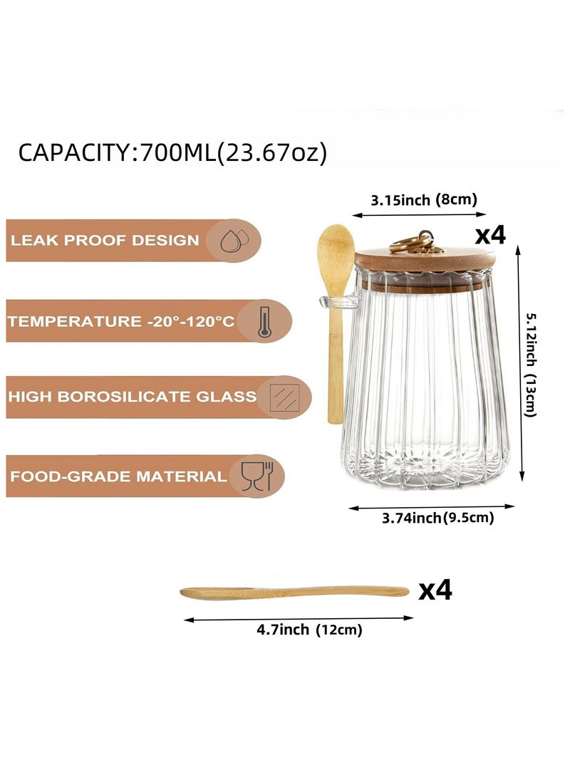 KUAIJI 4- pack 700ml (23.6oz)Glass Stripe Jar Glass with Bamboo Spoons Lids Coffee Sugar Container Set for Decorative Jar with Lid Kitchen Food Storage Coffee Tea Sugar (Taper4x700ML)