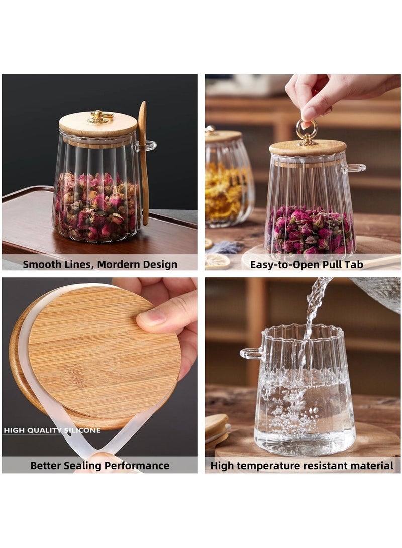 KUAIJI 4- pack 700ml (23.6oz)Glass Stripe Jar Glass with Bamboo Spoons Lids Coffee Sugar Container Set for Decorative Jar with Lid Kitchen Food Storage Coffee Tea Sugar (Taper4x700ML)