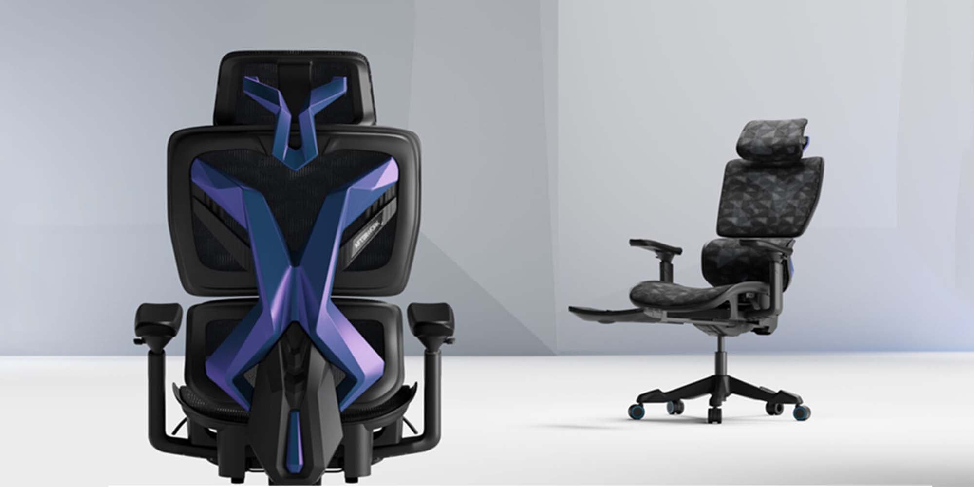 Xyrion Super Ergonomic Gaming Chair with Footrest - 3D Adjustable Headrest, Adaptive Backrest, 4-Position Tilt Lock, Breathable Mesh, and Silent Castors - Black & Blue