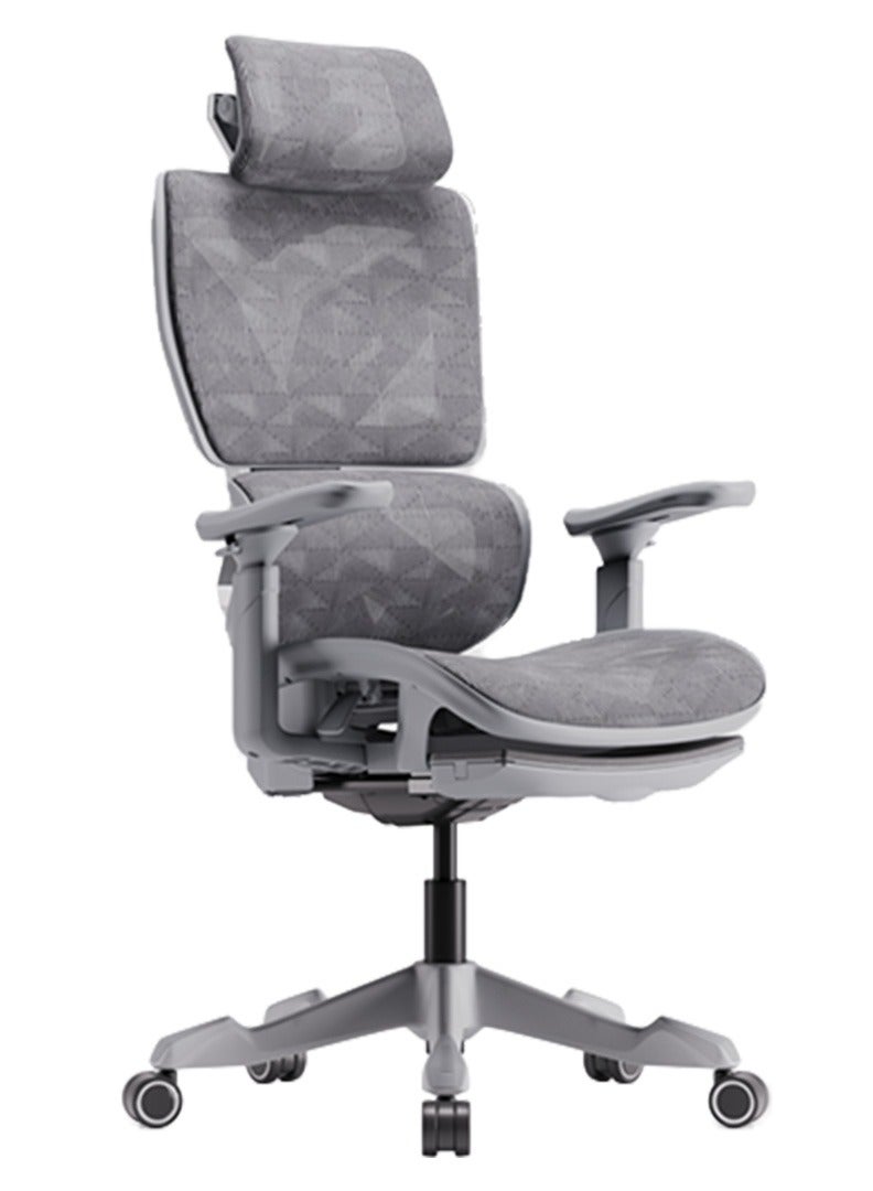 Xyrion Super Ergonomic Gaming Chair with Footrest - 3D Adjustable Headrest, Adaptive Backrest, 4-Position Tilt Lock, Breathable Mesh, and Silent Castors - Grey & Silver