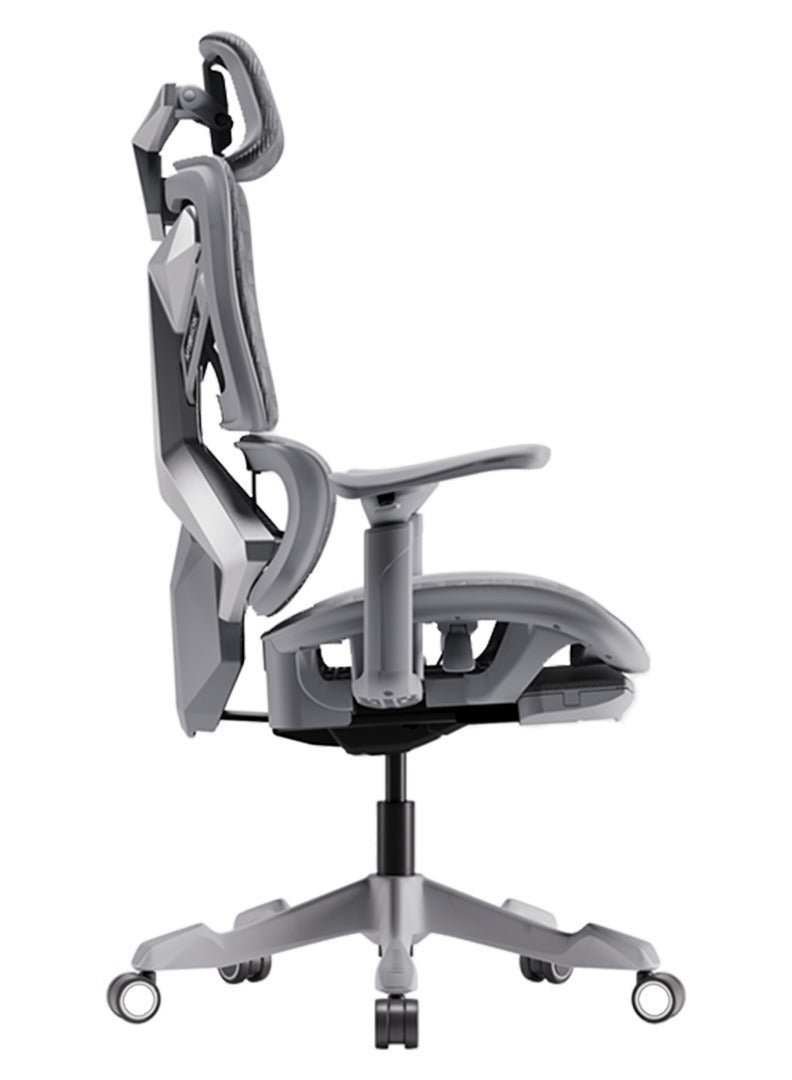 Xyrion Super Ergonomic Gaming Chair with Footrest - 3D Adjustable Headrest, Adaptive Backrest, 4-Position Tilt Lock, Breathable Mesh, and Silent Castors - Grey & Silver