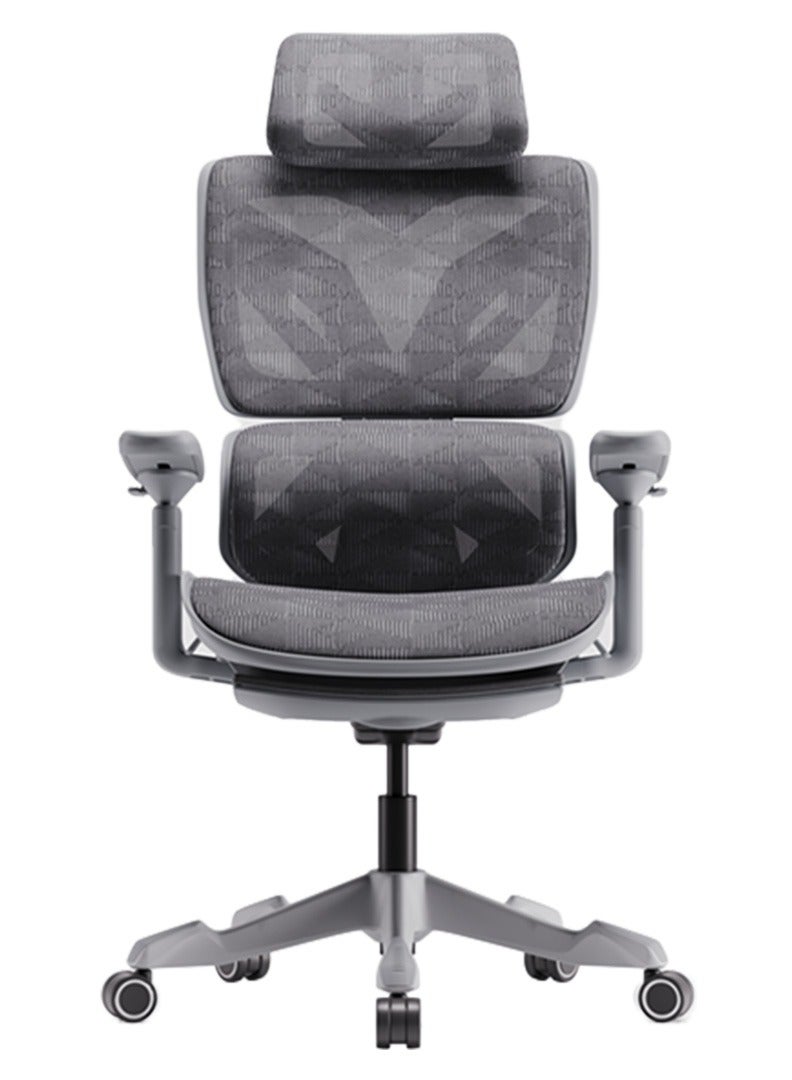 Xyrion Super Ergonomic Gaming Chair with Footrest - 3D Adjustable Headrest, Adaptive Backrest, 4-Position Tilt Lock, Breathable Mesh, and Silent Castors - Grey & Silver