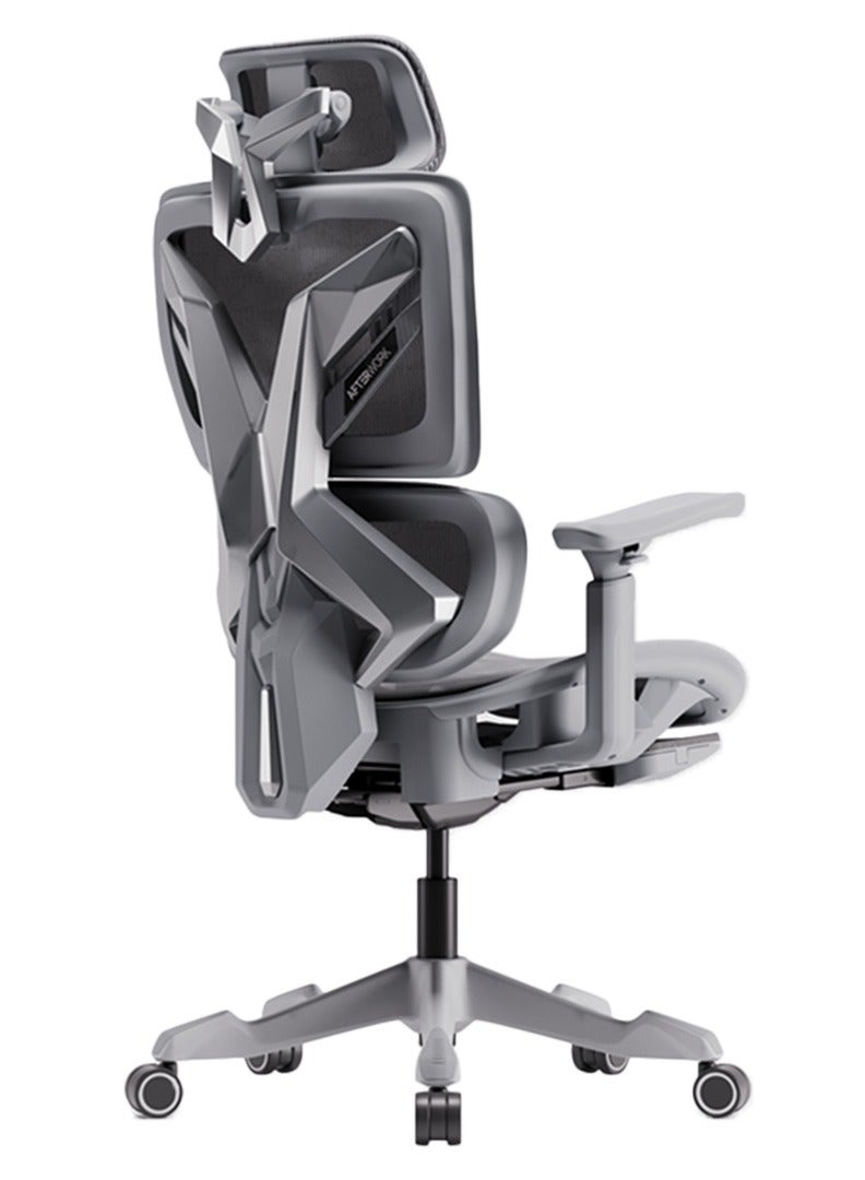 Xyrion Super Ergonomic Gaming Chair with Footrest - 3D Adjustable Headrest, Adaptive Backrest, 4-Position Tilt Lock, Breathable Mesh, and Silent Castors - Grey & Silver