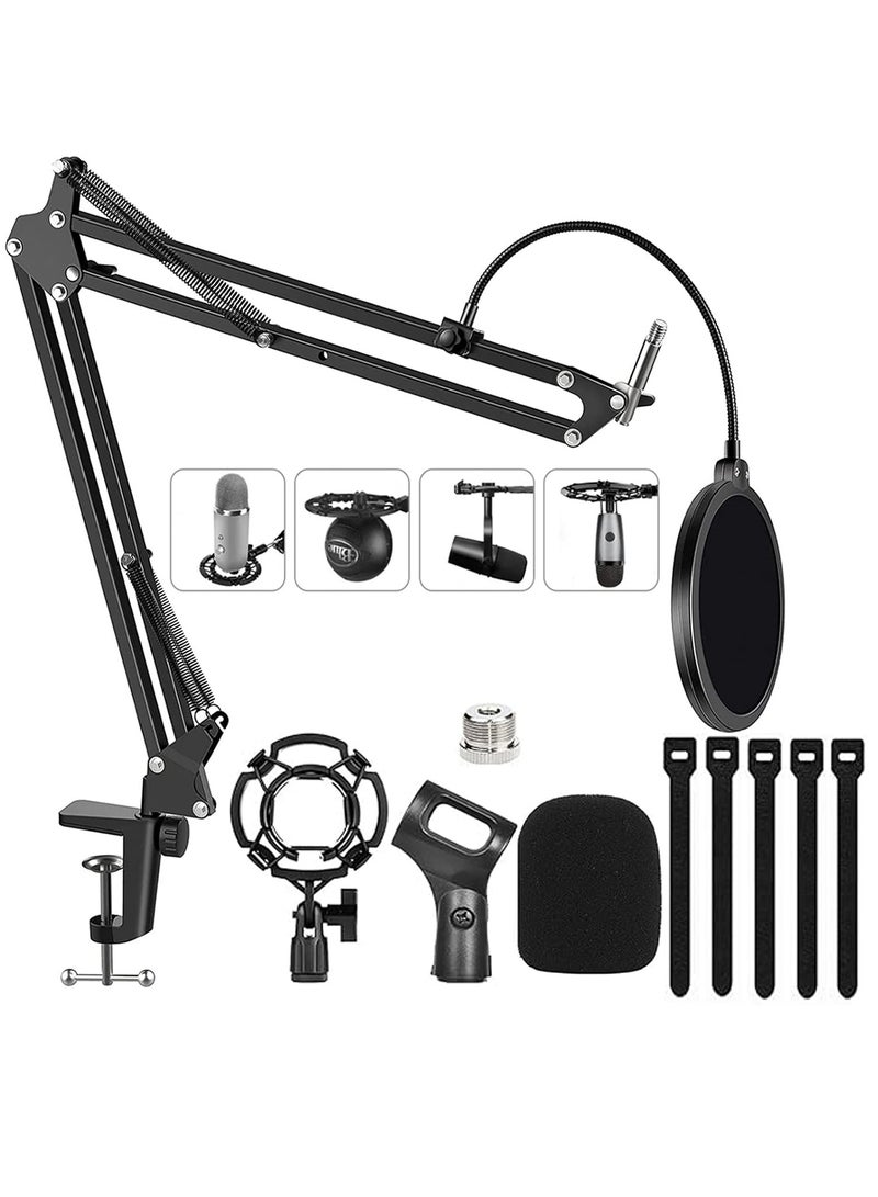 Mic Boom Arm, Suspension Microphone Arm for Live Streaming, Podcasting, Gaming, Recording, Adjustable Boom Mic Stand for Blue Yeti HyperX QuadCast S SoloCast Snowball Fifine K669B and other Mic, with Shock Mount, Windscreen, Pop Filter, Mic Holder, Cable Ties, 3/8'' to 5/8'' Screw Adapter