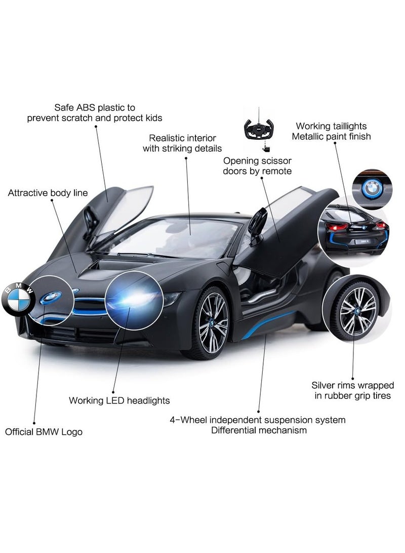 Remote Control Cars 1/14 Scale Officially Licensed RC Series BMW i8, Electric Sport Racing Hobby Toy Car With Open Door Model Vehicle for Boys and Girls Teens and Adults Gift - Matt Black