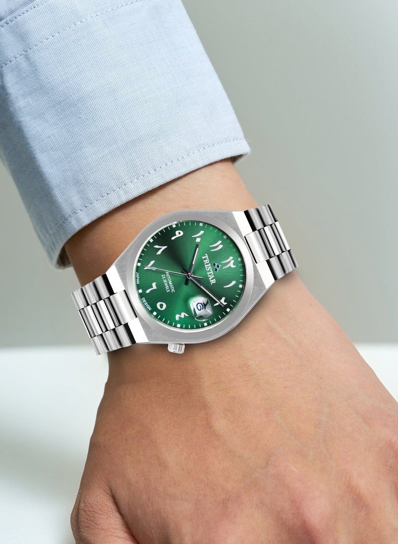 NJ Series Men's Automatic Watch Green Arabic Dial Stainless Steel Bracelet Wrist Watch for Men