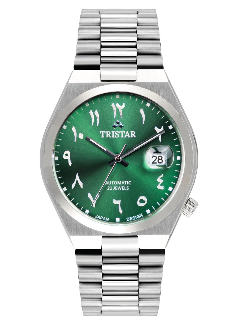 NJ Series Men's Automatic Watch Green Arabic Dial Stainless Steel Bracelet Wrist Watch for Men