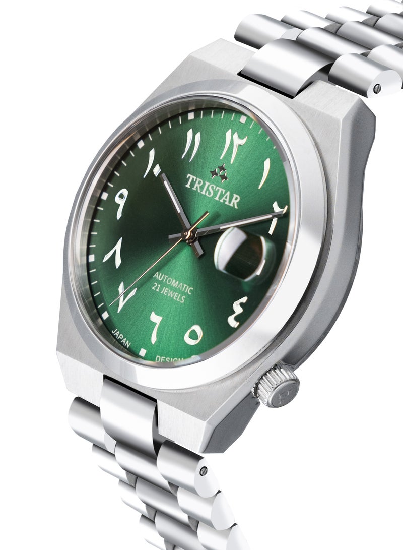 NJ Series Men's Automatic Watch Green Arabic Dial Stainless Steel Bracelet Wrist Watch for Men