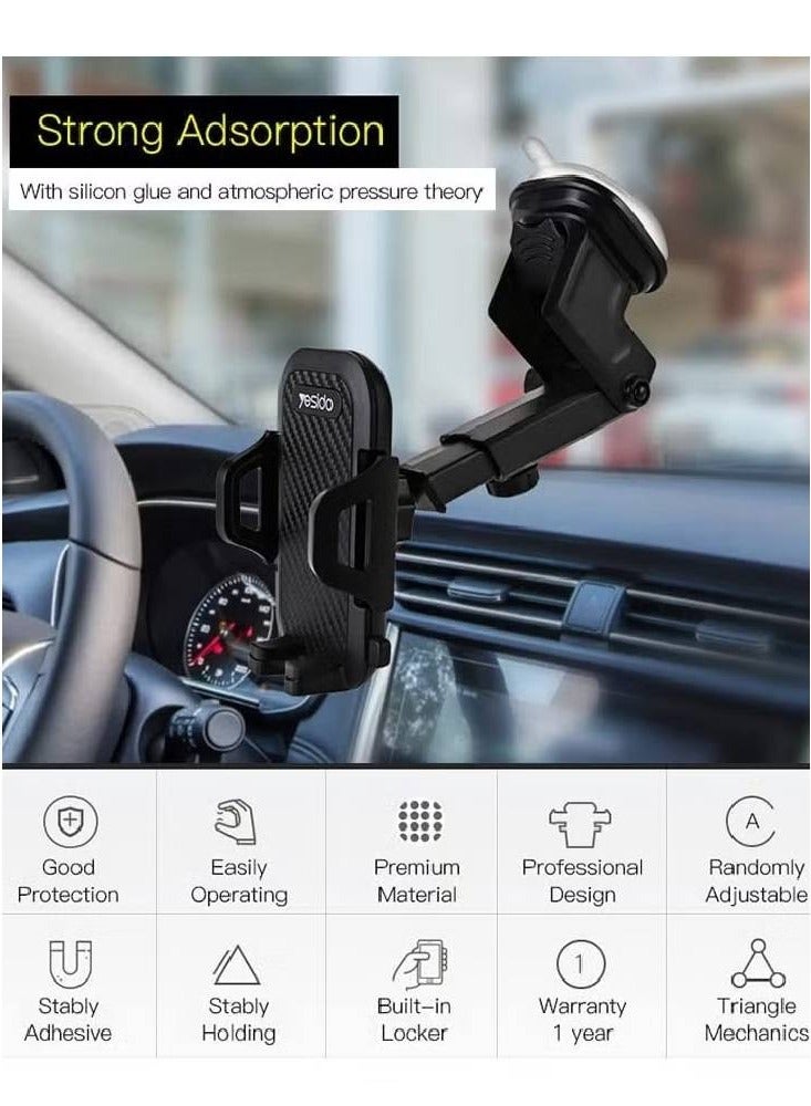 Car Mobile Holder, 270 Degree Rotation & Adjustable Mobile Stand for Car Dashboard Windshield, Universal Cell Phone Holder with Suction Cup, Release Button and Lock Mechanism