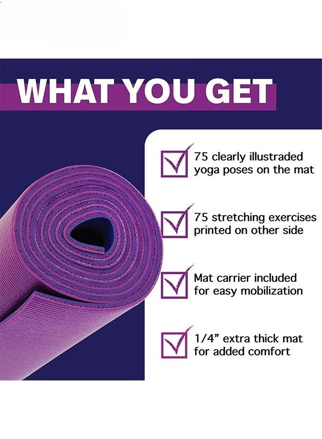 Fitness Yoga Mat for Women and Men - Large, 4mm Thick, 68 Inch 24 Inch, Non Slip Exercise Mats w/ 70 Printed Yoga Poses for Pilates, Workout and Stretching - Home and Gym Essentials