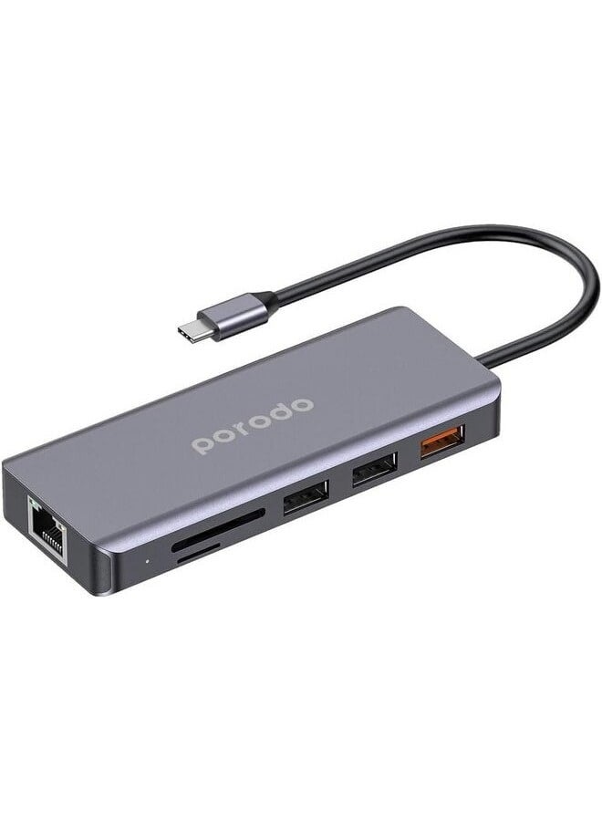 Porodo 9in1 USB-C Hub Type-C PD 100W HDMI Ethernet USB SD Card 3.5mm Aux - Gray -3.5mm Audio jack - SD & Micro SD slot - 4K HDMI