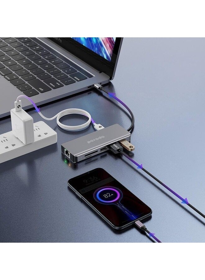 Porodo 9in1 USB-C Hub Type-C PD 100W HDMI Ethernet USB SD Card 3.5mm Aux - Gray -3.5mm Audio jack - SD & Micro SD slot - 4K HDMI